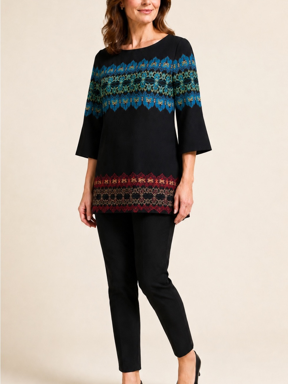 St. John Black Multicolor Jacquard Knit Bell Sleeve Tunic Top Size P